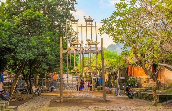 A large traditional wooden Ferris-wheel style swing used during the Usaba Sambah festival in Tenganan.