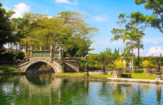 The iconic dragon-themed stone bridge crossing the water gardens at Tirta Gangga Water Palace.