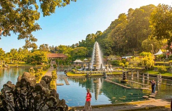 An expansive overview of the beautiful Tirta Gangga Water Palace gardens and ponds in East Bali.