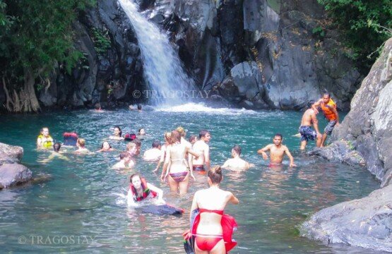 International tourists relaxing and swimming together inside the clear natural rock pool of Kroya cascade at Aling-aling Waterfall.
