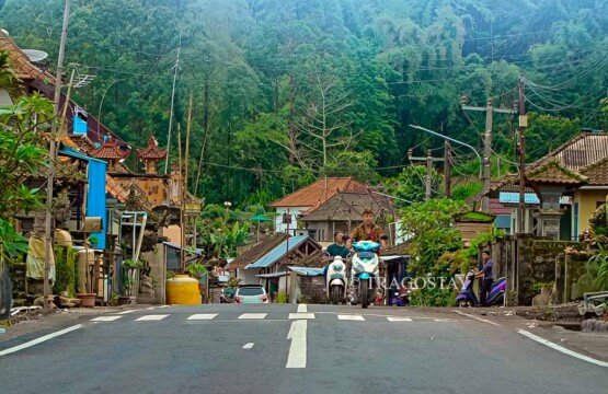 A view of the quiet main road in Trunyan Village located directly at the foot of a steep green hill, with a few local motorbikes driving past.