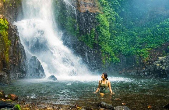 A young woman swimming and enjoying a refreshing bath inside the cool natural plunge pool of Gitgit Waterfall.